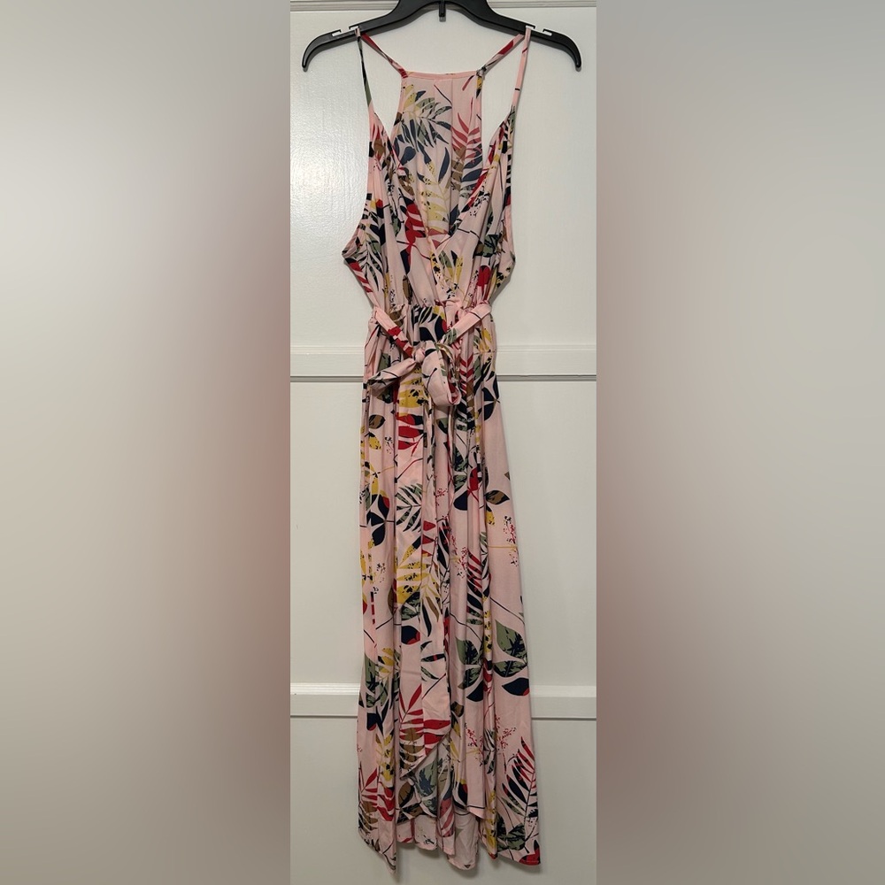 SHEIN Curve Plus Floral Pink Racerback Maxi Sundress W/ Waist Tie Stitched Wrap